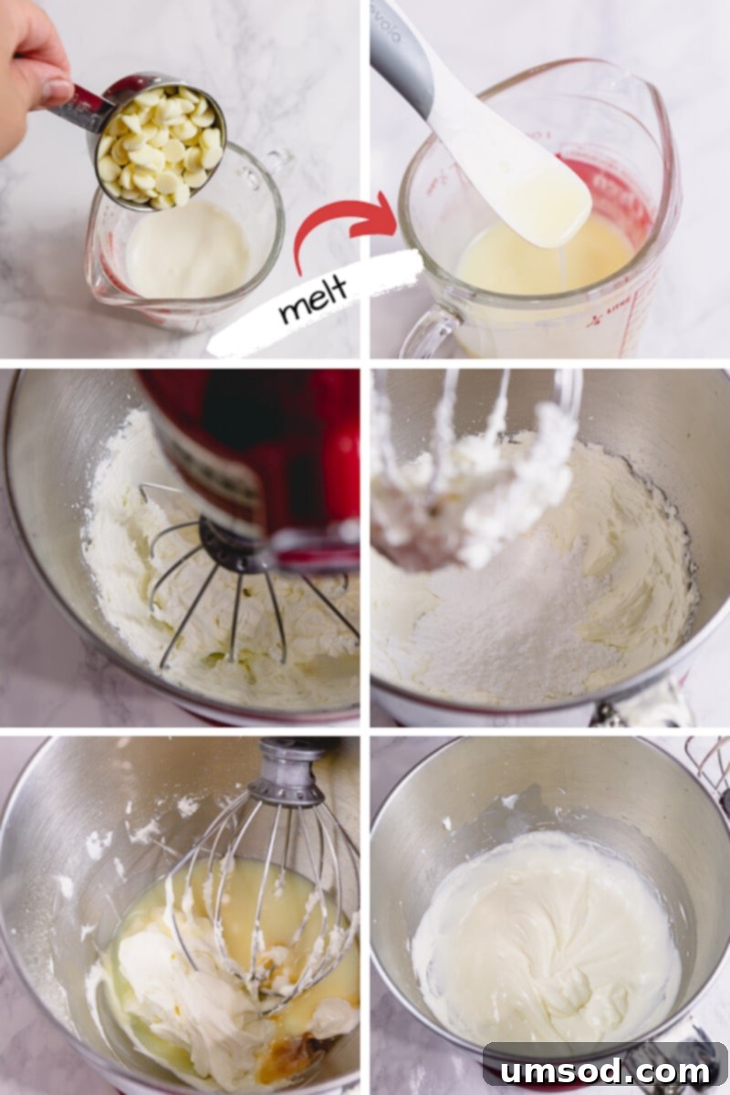 An irresistible white chocolate cream cheese frosting, perfect for mini fruit pizzas, shown in a bowl, ready to be spooned.