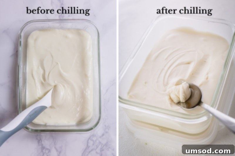 A visual comparison of white chocolate cream cheese frosting: before chilling (slightly runny) and after chilling (thick and perfectly spreadable).