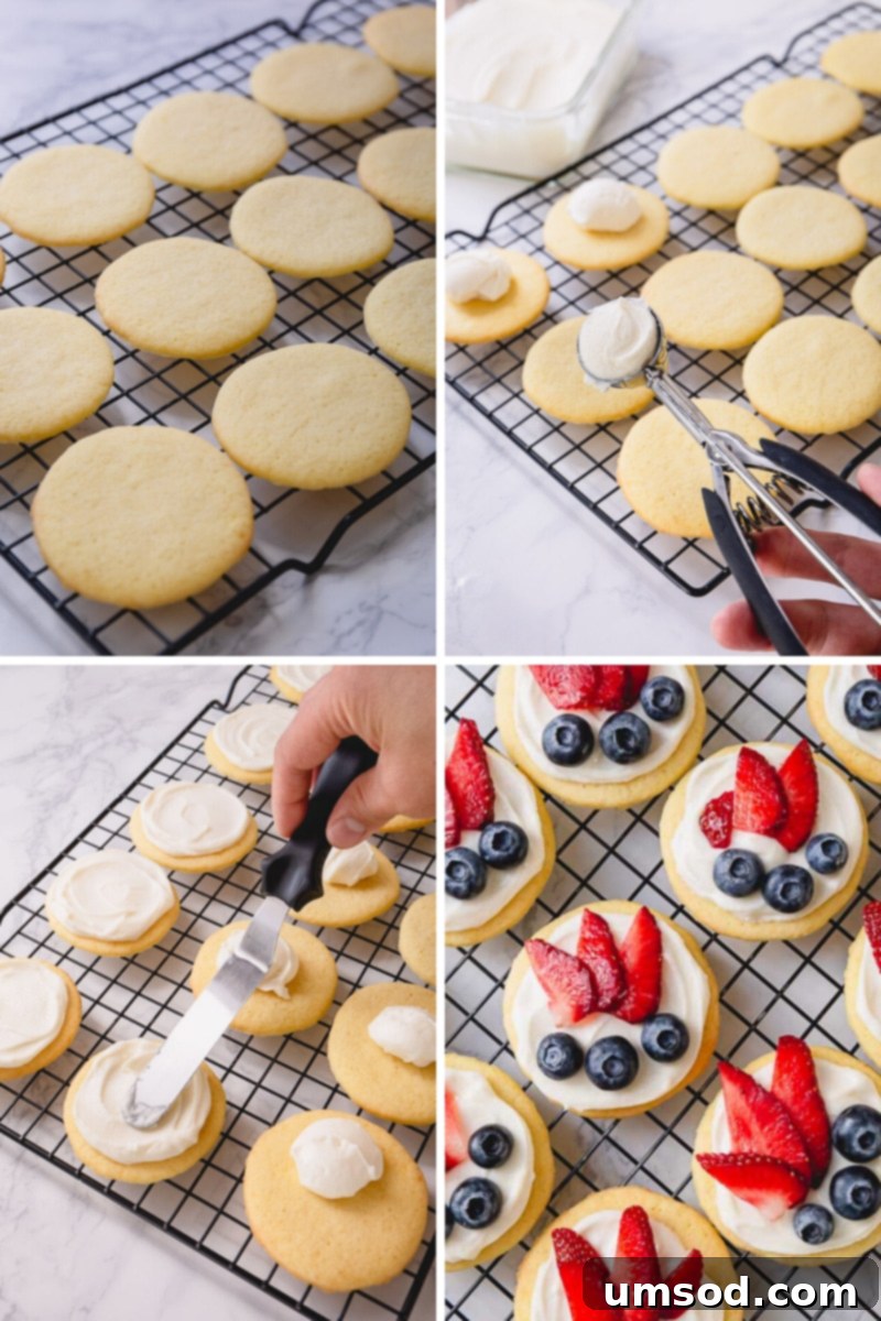 A step-by-step guide to assembling mini fruit pizzas, showing frosted cookies topped with colorful fresh fruits – a perfect bite-sized summer treat.