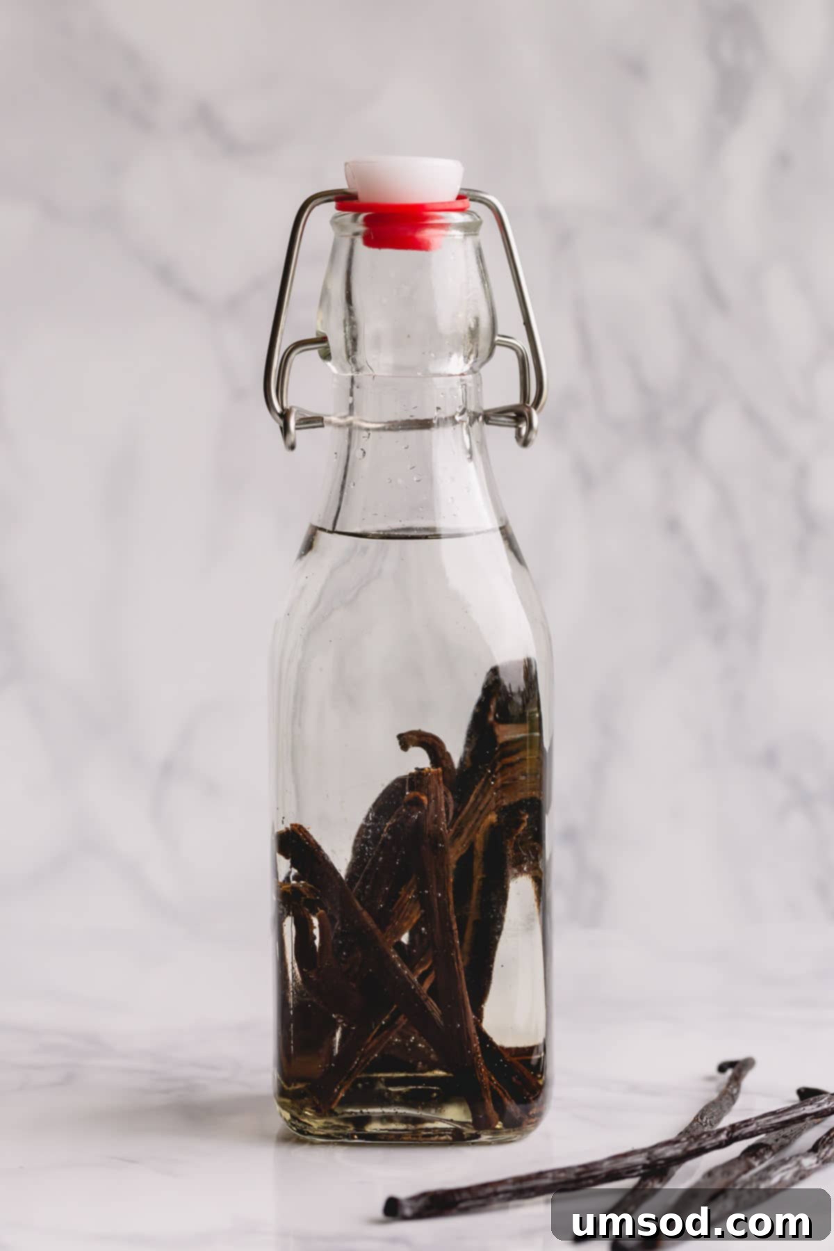 Crafting Your Own Vanilla Extract 6 A freshly made bottle of homemade vanilla extract, ready for steeping.