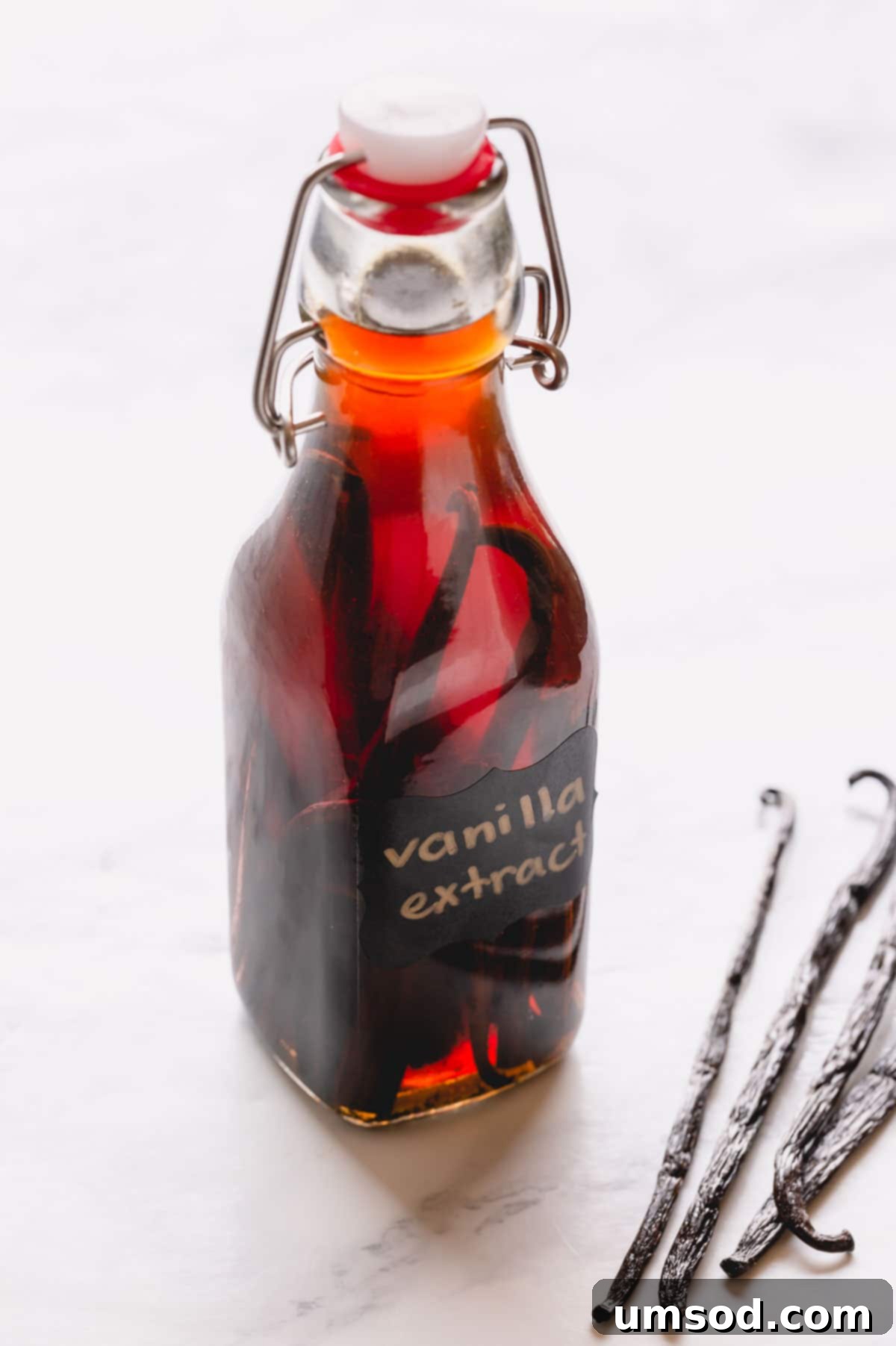 Crafting Your Own Vanilla Extract 8 Homemade vanilla bean extract in a clear bottle, labeled as double-fold.