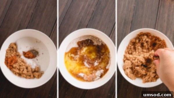 A three-image collage illustrating the process of making streusel: combining dry ingredients, adding melted butter, and mixing by hand until crumbly.