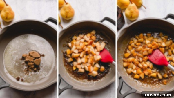 A three-step image sequence showing the caramelization of pears: chopped pears in a pan, cooking with butter and brown sugar, and finally, tender caramelized pears with vanilla and cardamom.