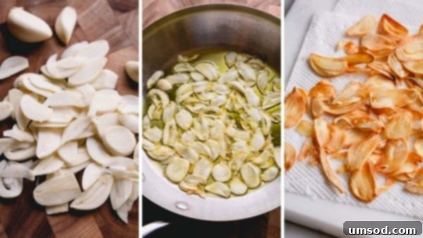 Easy Crispy Garlic Chips 4 A visual guide showing three steps: thinly sliced raw garlic, garlic gently frying in a skillet with bubbling oil, and perfectly golden fried garlic chips draining on a paper towel.