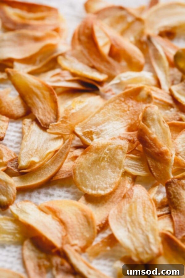 Easy Crispy Garlic Chips 5 An up-close shot of beautifully golden fried garlic slices resting on a paper towel, draining excess oil and cooling to perfect crispness.