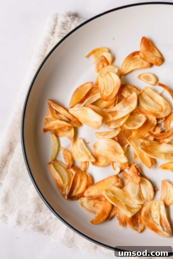 Easy Crispy Garlic Chips 6 A vibrant close-up of golden fried garlic slices artfully arranged on a white plate, showcasing their perfect crispness and readiness to garnish any meal.