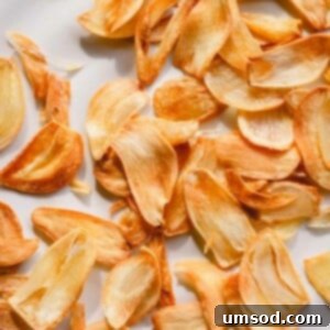 Easy Crispy Garlic Chips 7 Golden fried garlic slices on a white plate.
