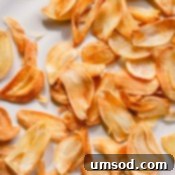 Easy Crispy Garlic Chips 8 Golden fried garlic slices on a white plate.