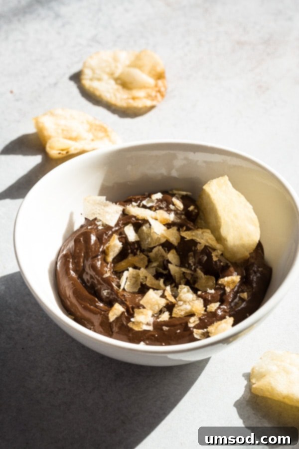 Avocado chocolate mousse topped with crushed salty potato chips.