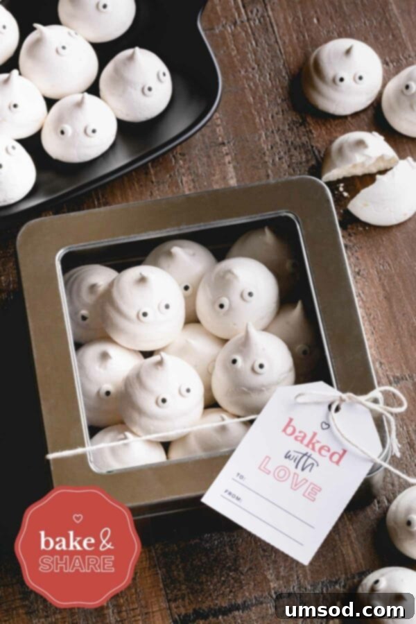 Ghostly Meringue Delights 7 A collection of decorated meringue ghosts with various expressions, arranged artfully, highlighting their playful Halloween theme.