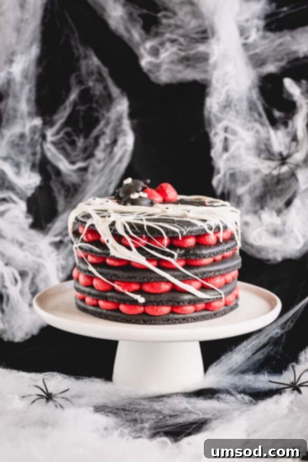 A majestic 5-layer black macaron cake filled with vibrant red cream cheese frosting, elegantly presented on a pristine white cake stand. Perfect for a Halloween celebration.