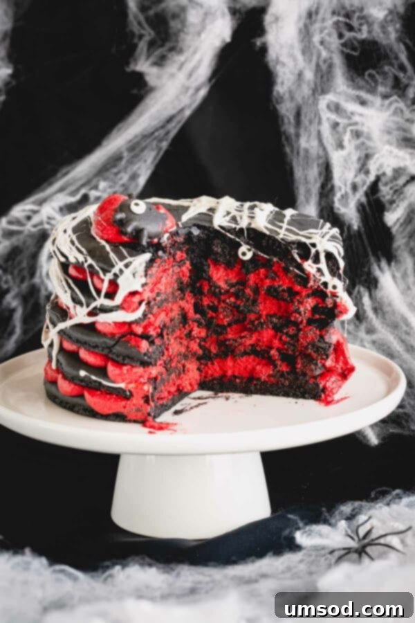 A slice of 5-layer black macaron cake filled with red cream cheese frosting, showing the beautiful layers and marshmallow spiderweb decoration.