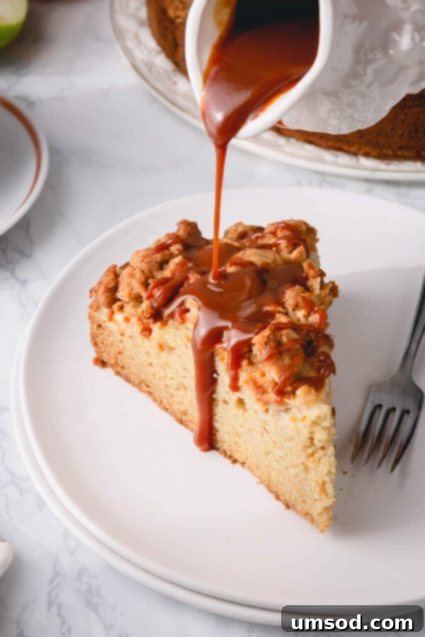 A delectable slice of apple coffee cake on a white plate, with luscious caramel sauce gracefully being poured over it, enhancing its appeal.