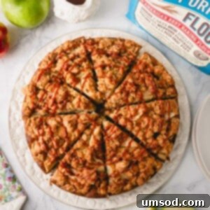 Overhead image of sliced apple coffee cake drizzled with caramel sauce on a white serving plate.