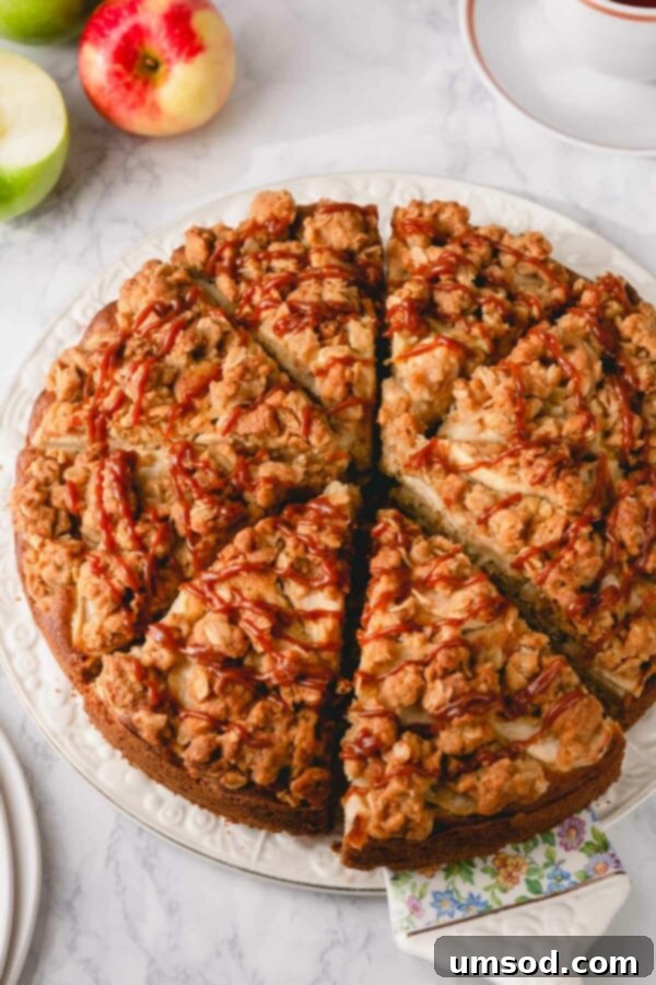 A generous slice of apple coffee cake on a pristine white serving plate, showcasing the fluffy texture and apple chunks.