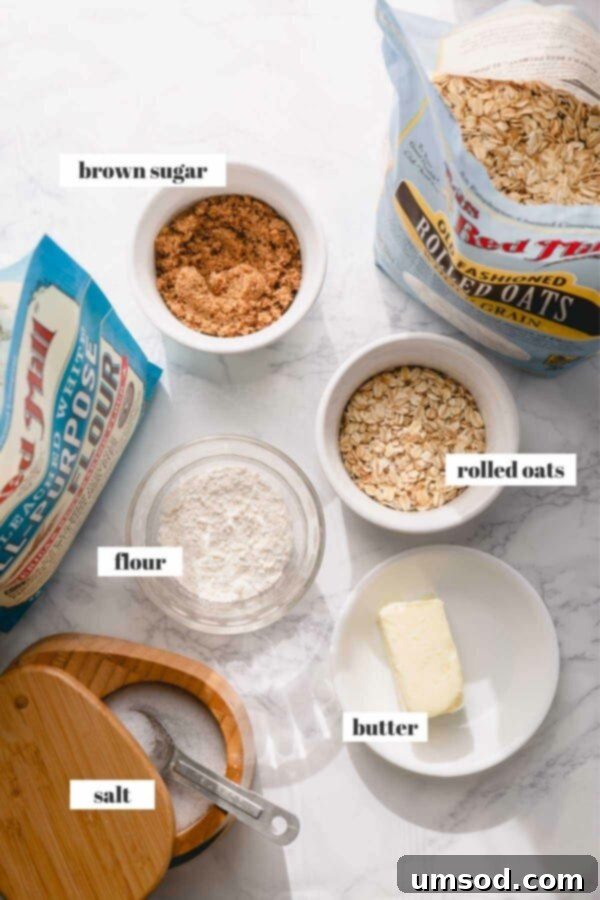 Streusel topping ingredients: rich brown sugar, hearty rolled oats, all-purpose flour, and softened butter, ready for mixing.