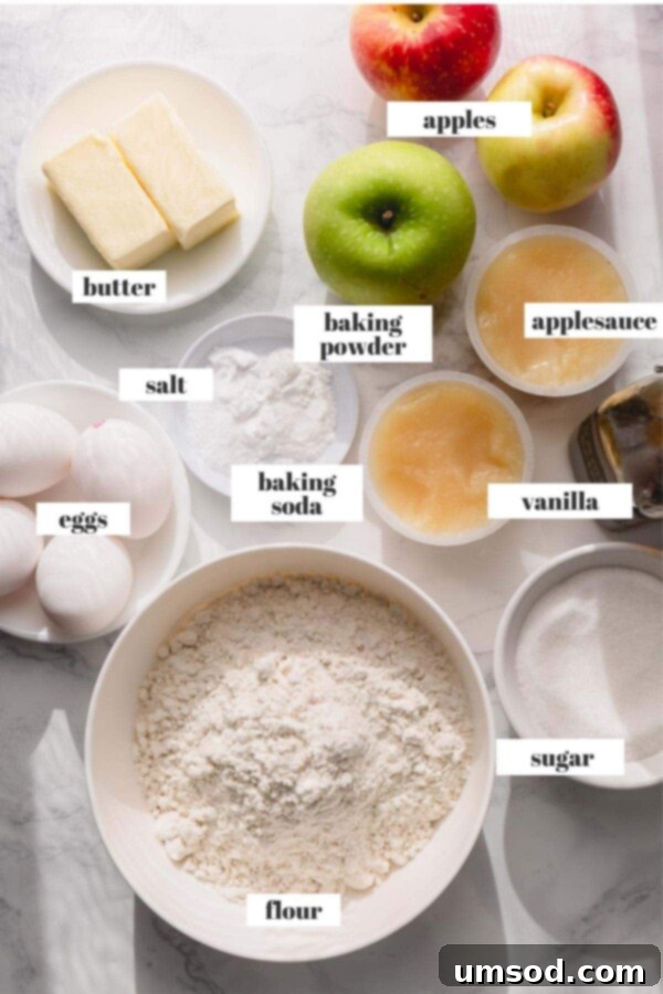 All the essential ingredients meticulously arranged for the apple coffee cake batter, including fresh apples, flour, eggs, and butter.