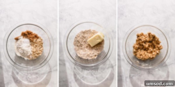 Three step-by-step images illustrating the process of making the perfect crumb topping: combining dry ingredients, adding softened butter, and mixing to form coarse crumbs.
