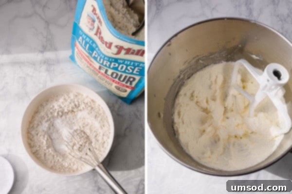 Step-by-step images showing the preparation of dry ingredients in a bowl and the process of whipping softened butter and granulated sugar until light and fluffy.