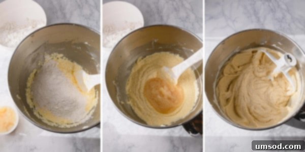 Three sequential step-by-step images showcasing the process of making the cake batter in a mixing bowl, from adding ingredients to final mixing.