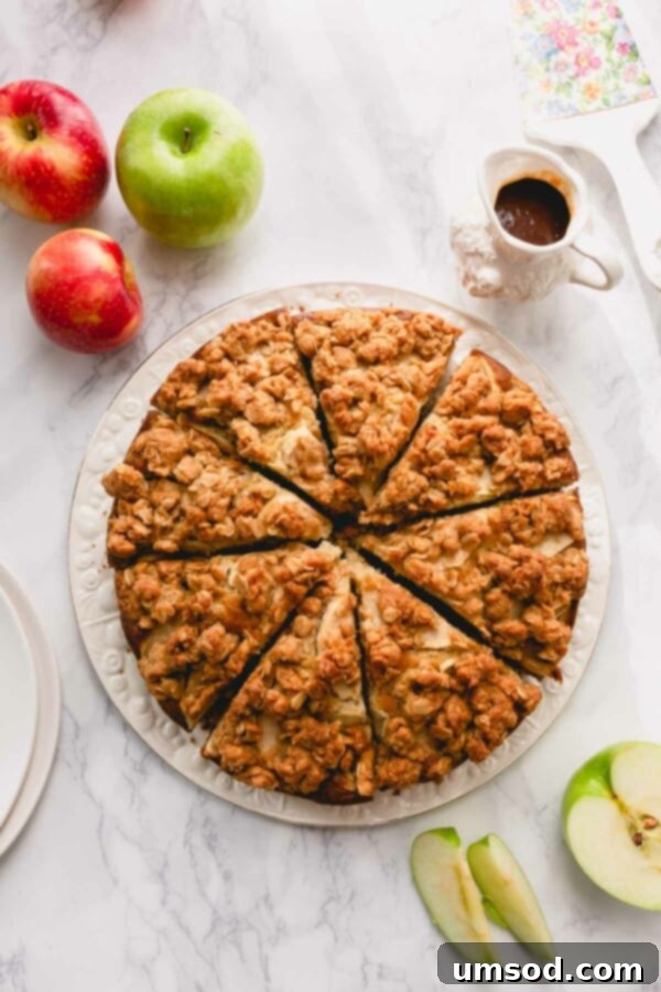 An overhead view of a freshly baked, beautifully sliced apple coffee cake on a white serving plate, showcasing its golden streusel and tender crumb.