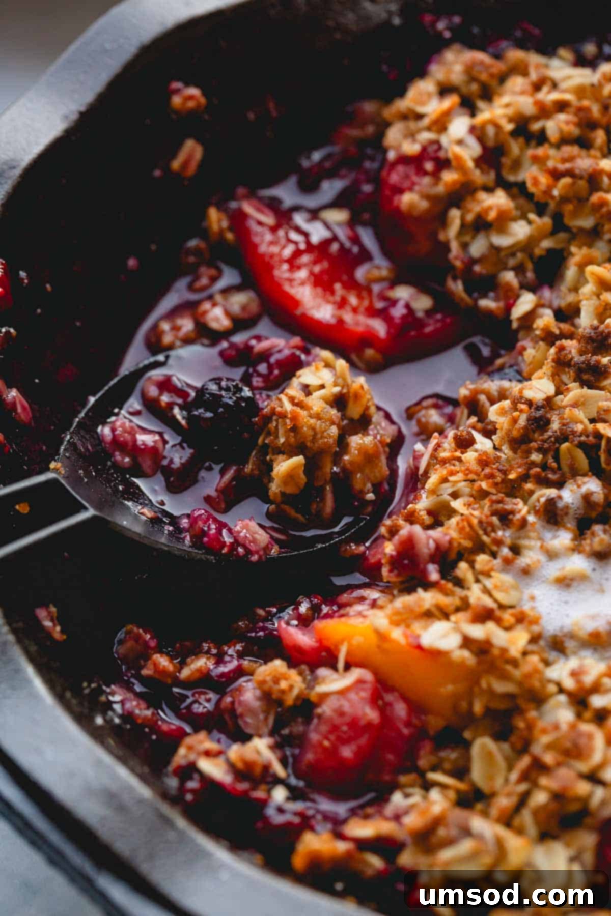 Quick Fruit Crisp 3 A spoon scooping up a portion of fruit crisp.