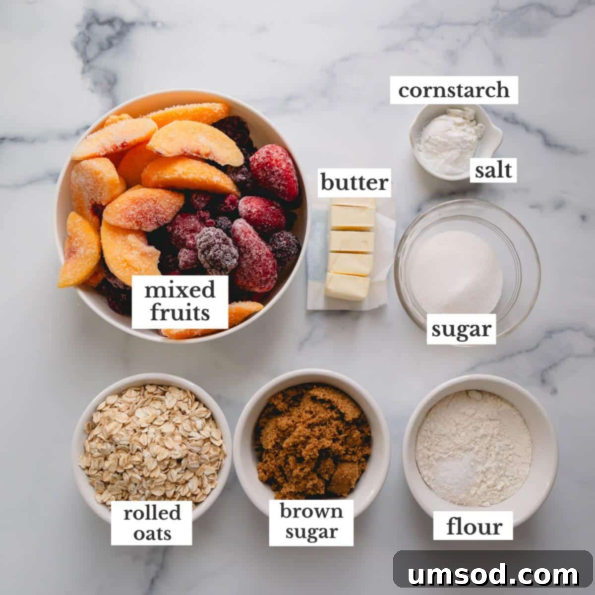 Quick Fruit Crisp 4 Ingredients needed to make an easy fruit crisp recipe with mixed fruits.