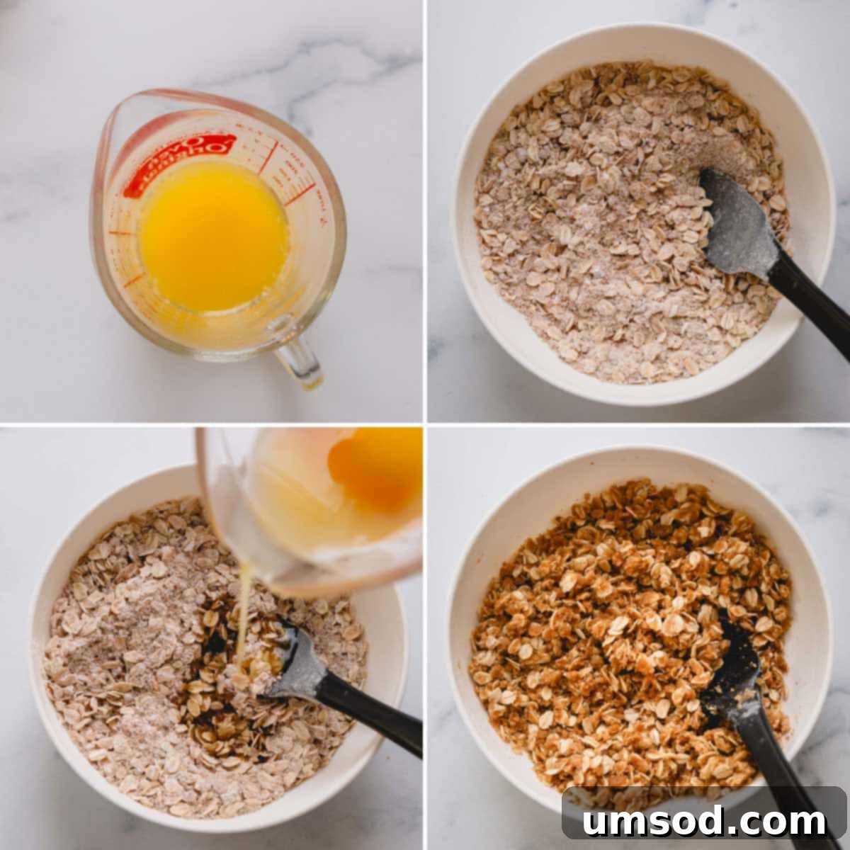 Quick Fruit Crisp 6 Four images showing the process of preparing a fruit crisp topping, mixing oats with butter.