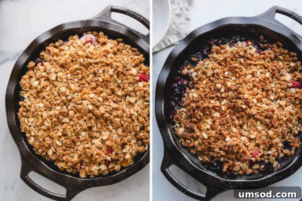 Quick Fruit Crisp 7 Two images showing a fruit crisp unbaked and baked.