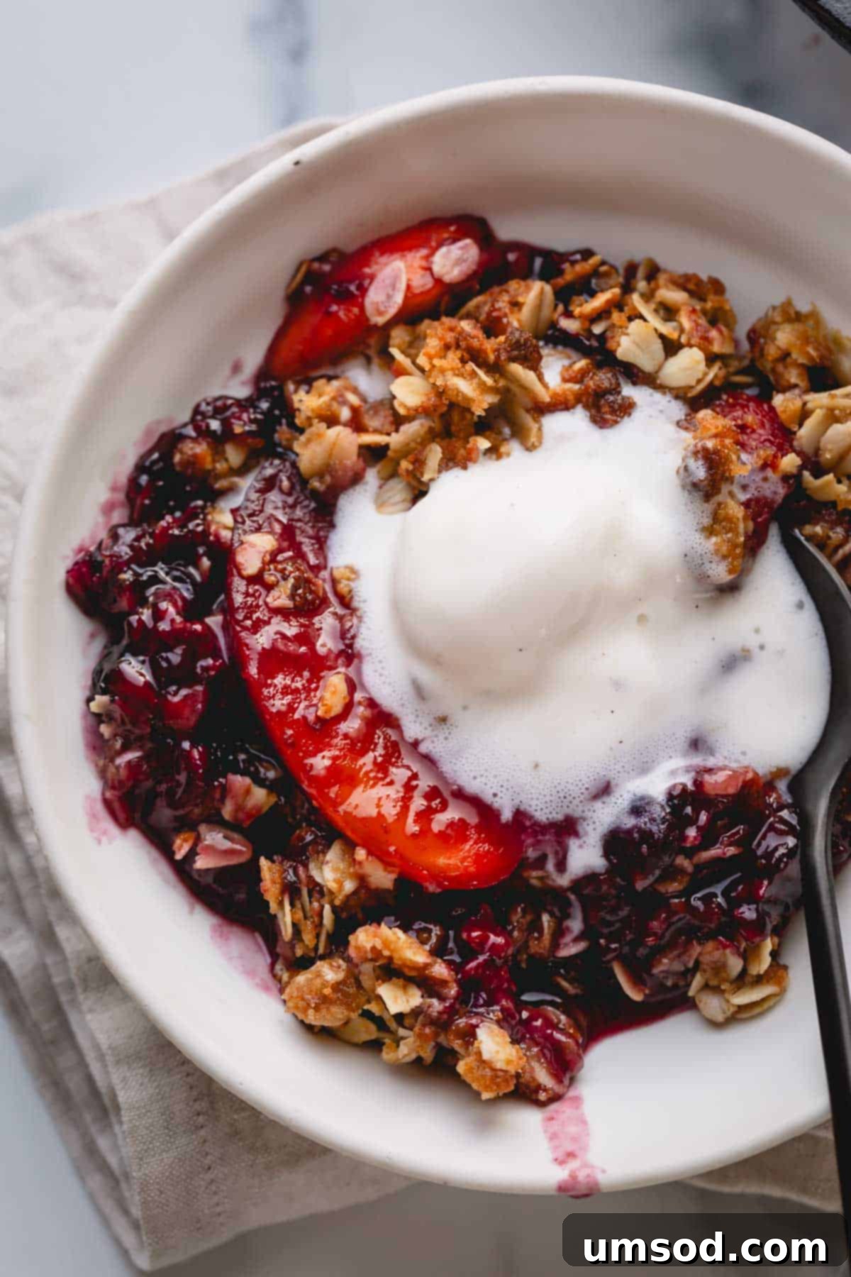 Quick Fruit Crisp 9 A bowl of mixed fruit crisp topped with vanilla ice cream with a spoon digging into it.