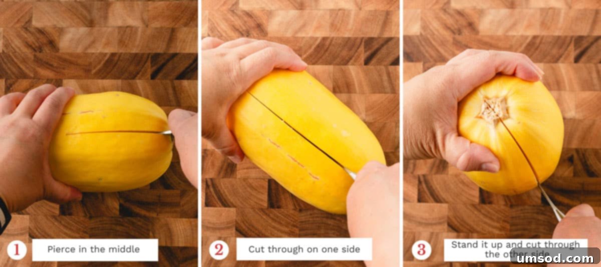 Spaghetti Squash Made Easy: Two Delicious Ways 3 3 side-by-side images of cutting a spaghetti squash in half.