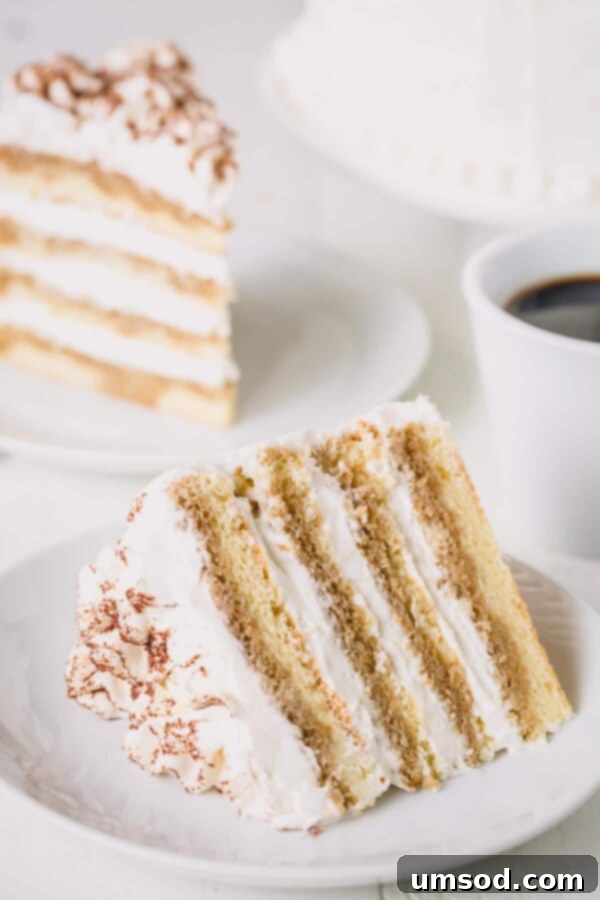 A tempting slice of tiramisu layer cake on a white plate, revealing its delicate layers of cake and cream.