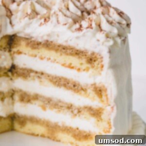 A cut version of a whole tiramisu layer cake on a white cake platter.