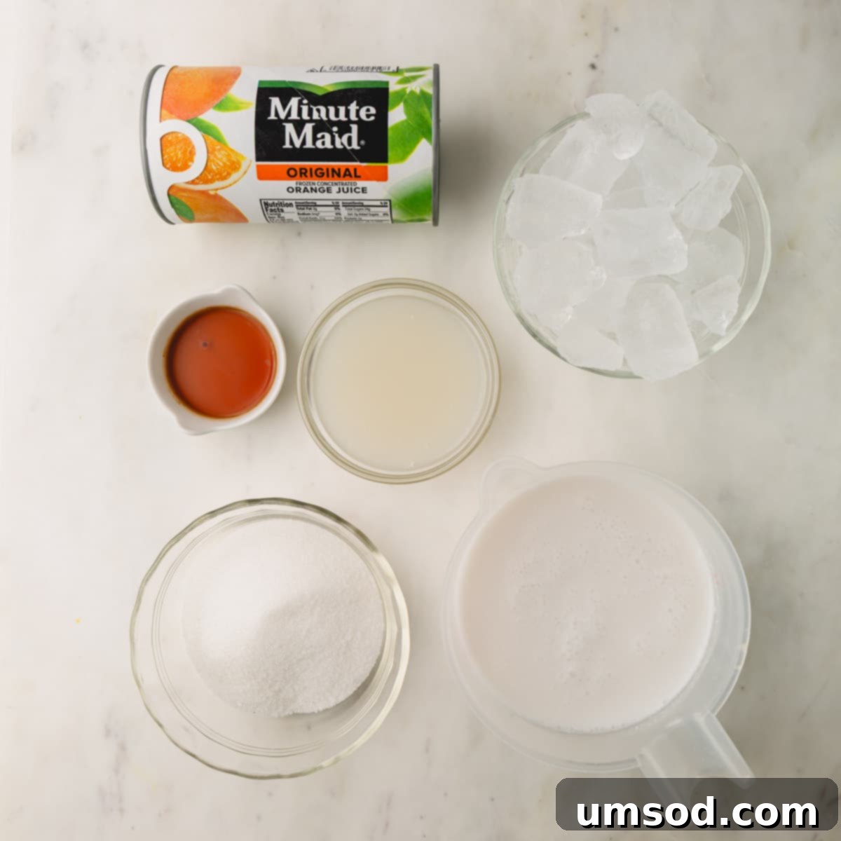 Ingredients to make a coconut orange Julius drink.