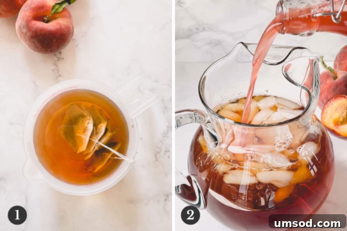 Peachy Keen Iced Tea 4 A two-panel image showing the process of making peach iced tea: on the left, pouring tea into a pitcher with ice; on the right, the finished peach iced tea in a glass with peach slices.