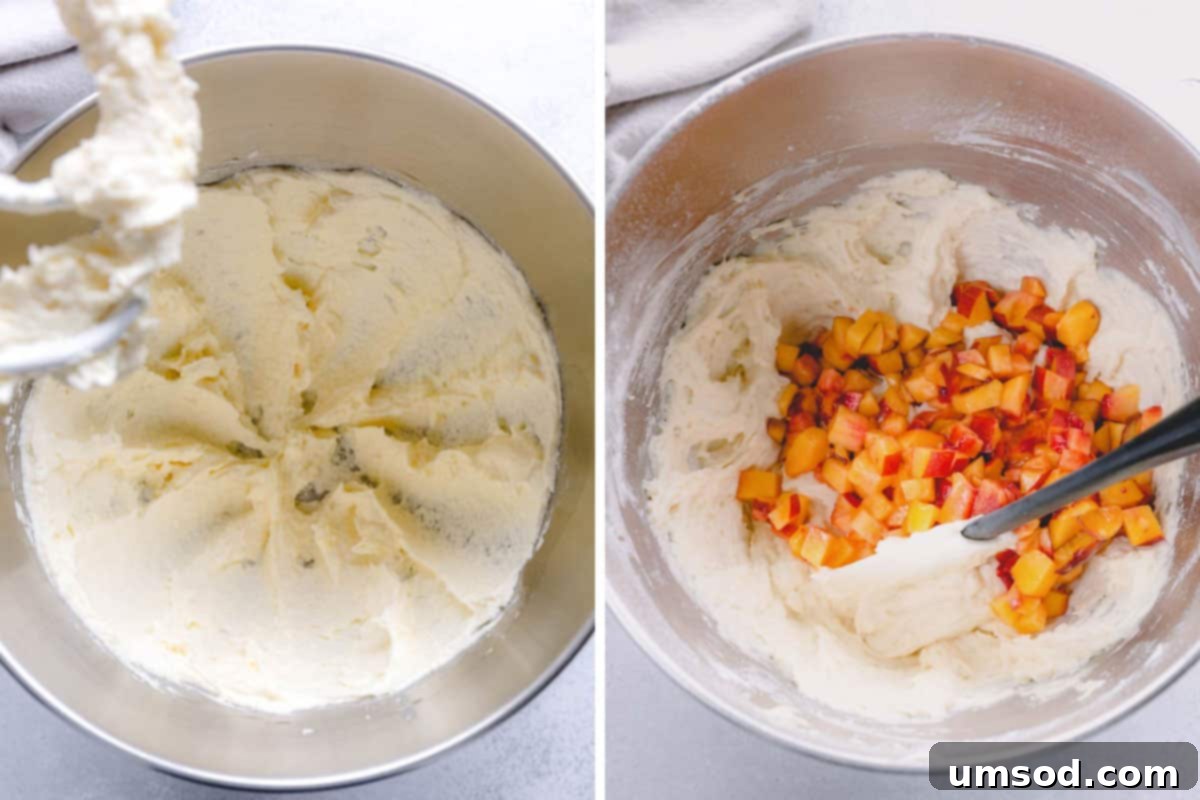 Caramelized Peach Upside-Down Cupcakes 4 Step-by-step photos demonstrating the process of making peach cake batter, including creaming butter and sugar, adding eggs, and folding in peaches.