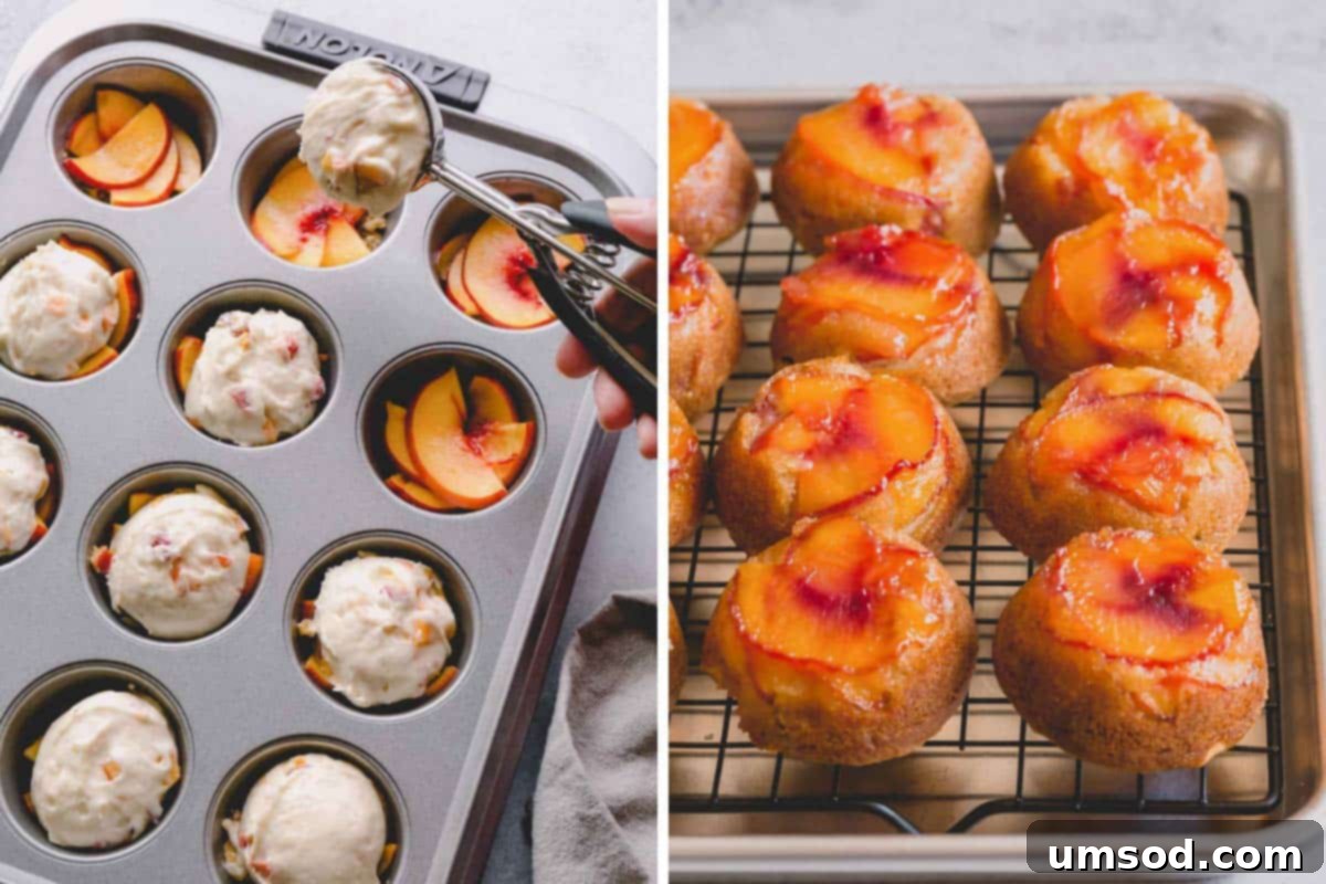 Caramelized Peach Upside-Down Cupcakes 5 Side-by-side images showcasing the baking process and the delicate unmolding of peach upside down cupcakes from the muffin tin.