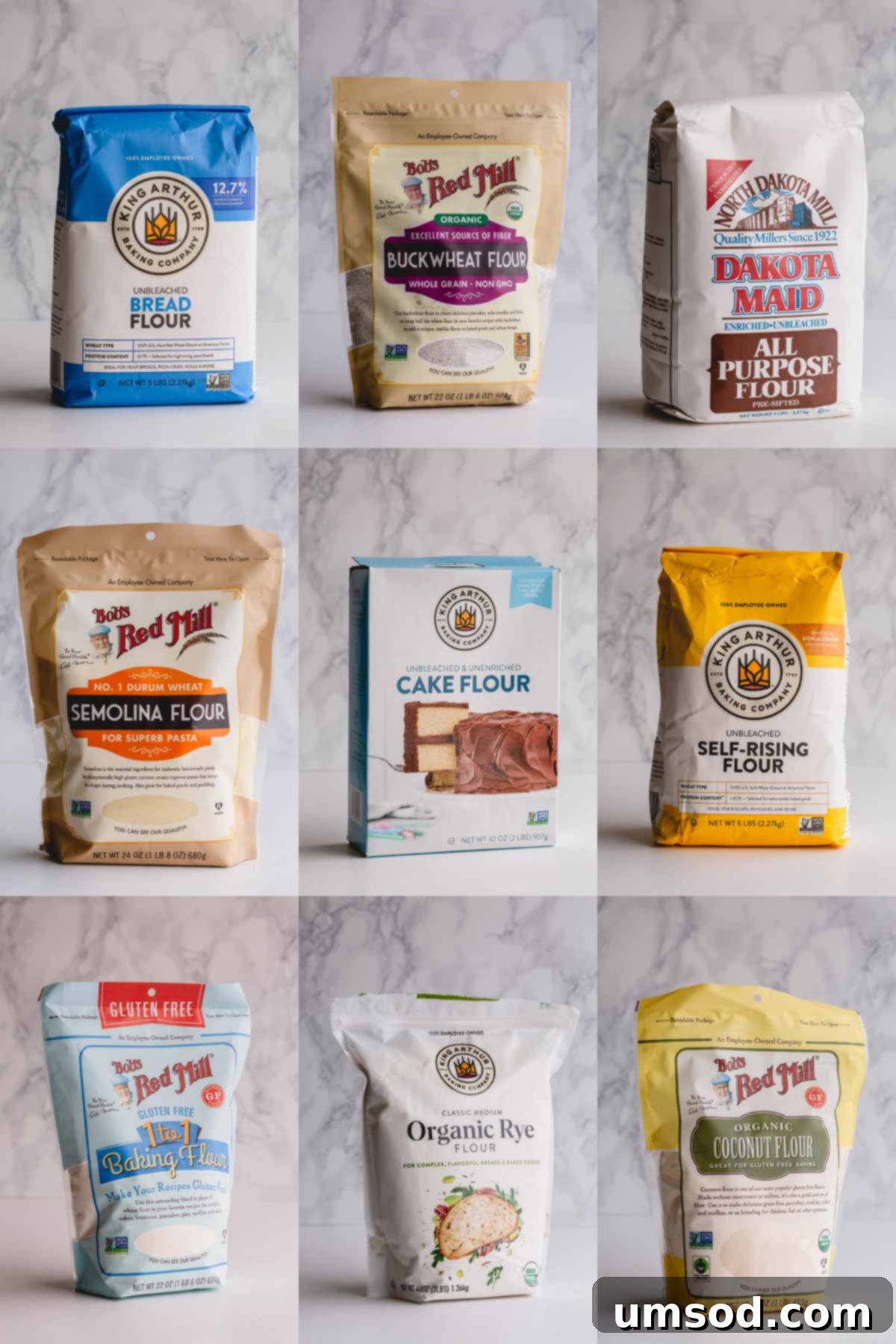 A beautiful display of various types of flour in bags, showcasing their diversity.