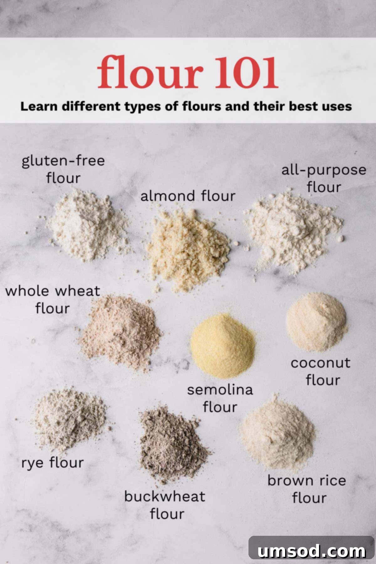 Mounds of 9 different types of flour arranged on a flat surface, illustrating their distinct colors and textures.