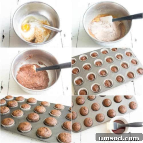 Boozy Kahlua Bites 4 Step-by-step photos showcasing the process of making mini Kahlua cupcakes, from batter to frosting.