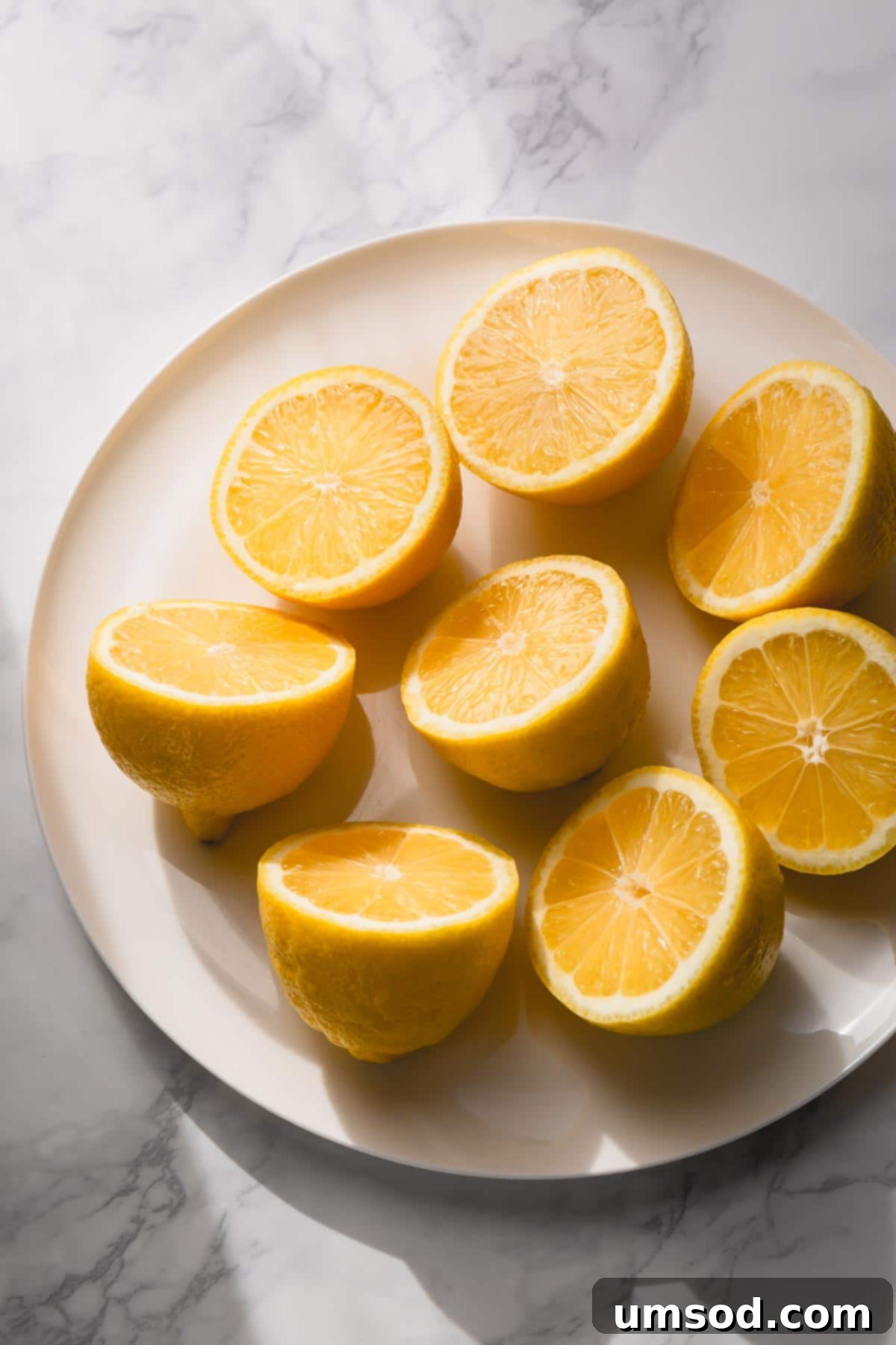 The Ultimate Lemon Handbook 3 Eight lemon halves on a white plate, showcasing their juiciness.