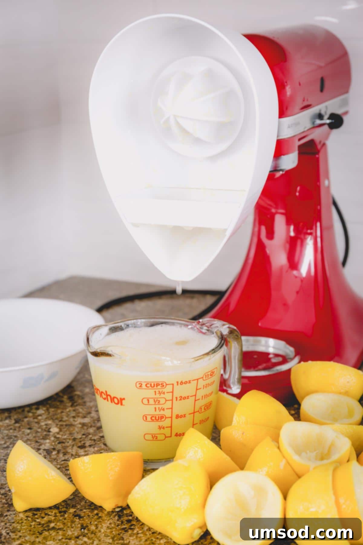 The Ultimate Lemon Handbook 4 KitchenAid mixer with juicer attachment and freshly squeezed lemon juice in a glass.