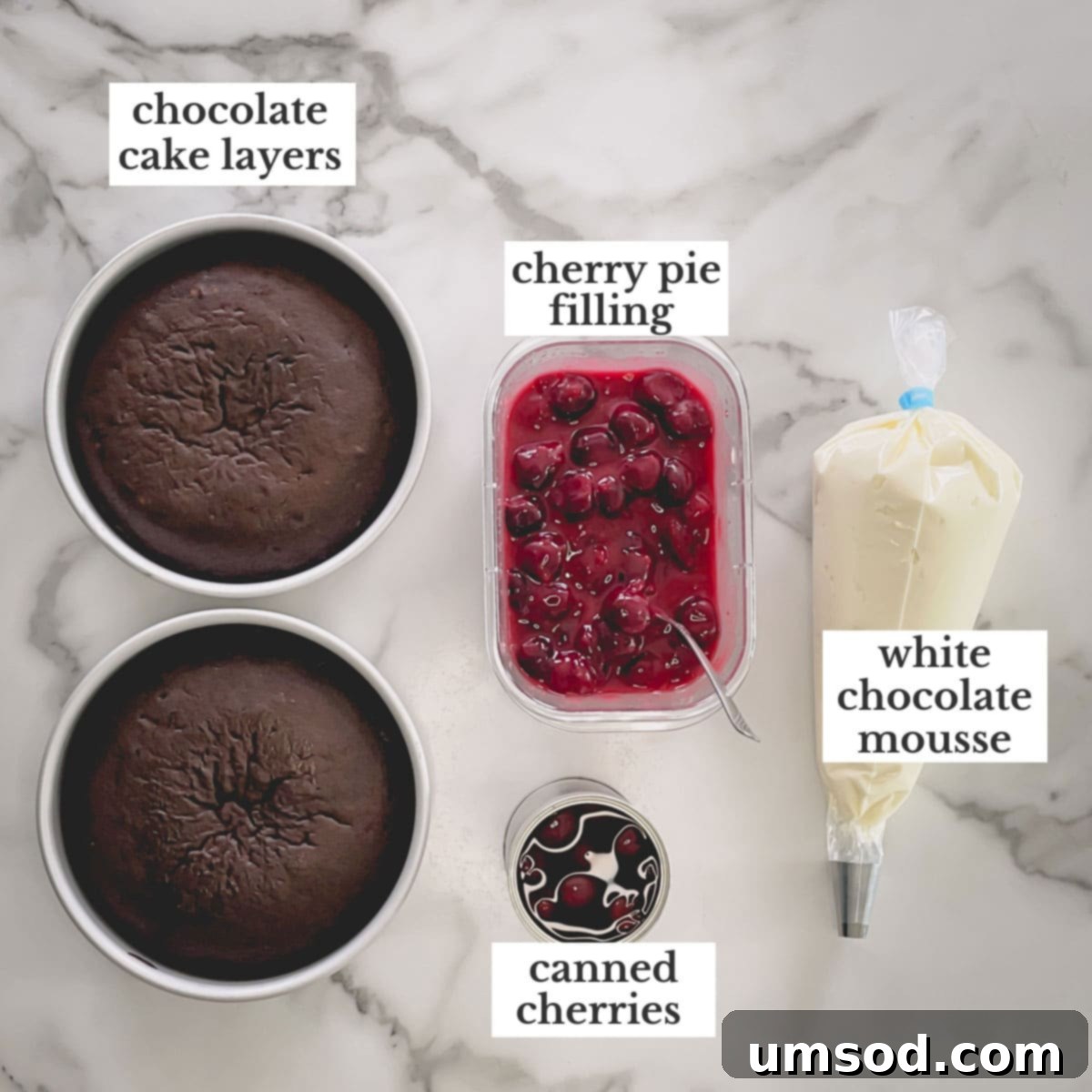 The essential components for crafting a delicious Black Forest Cake, laid out for preparation.