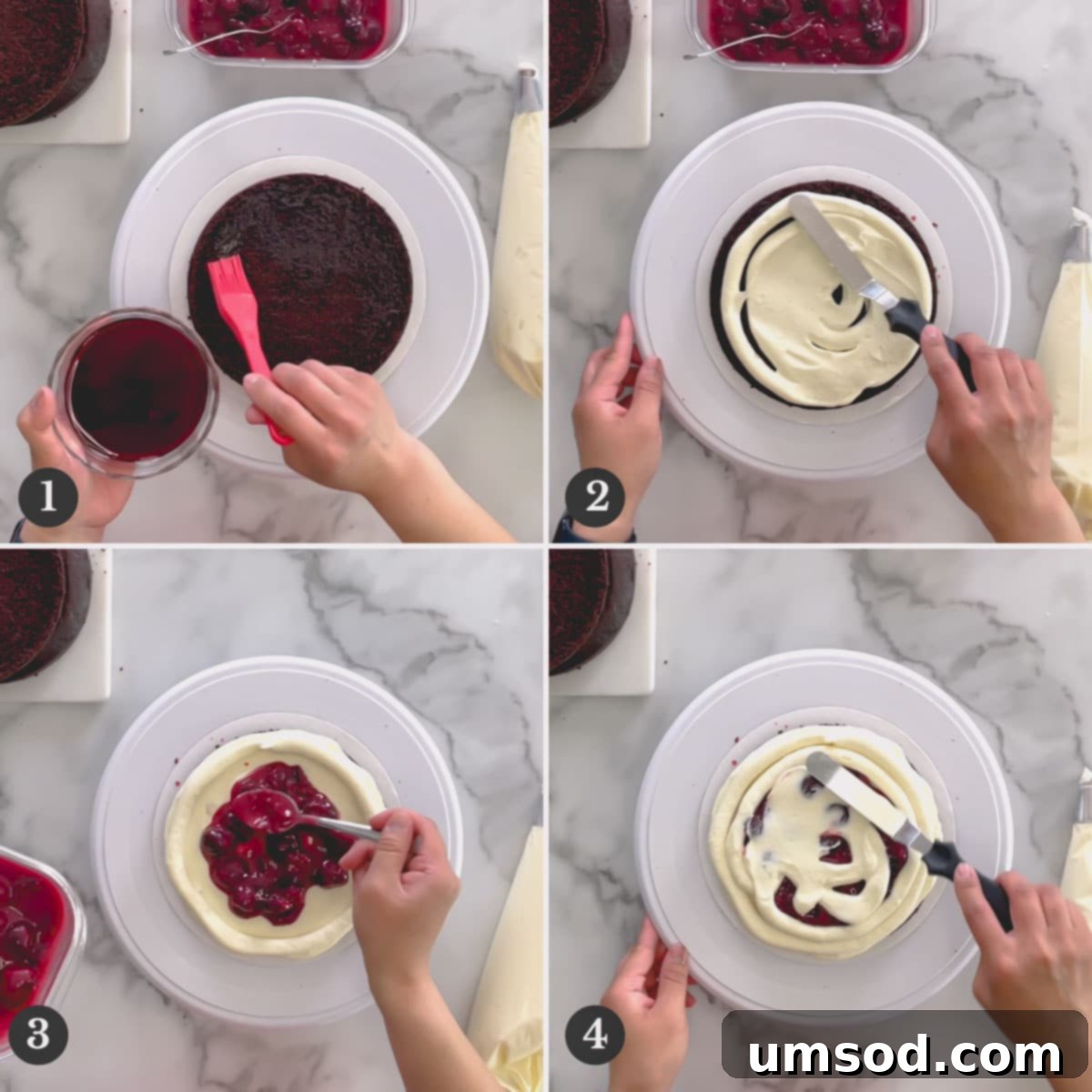 Step-by-step photos illustrating the precise process of assembling the multiple layers of a Black Forest Cake.