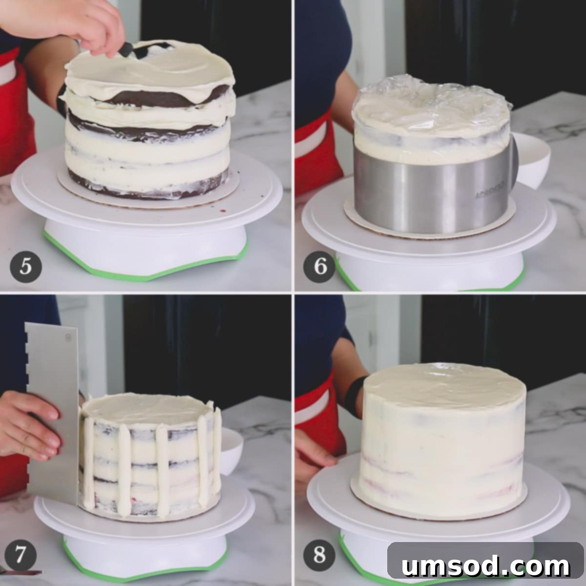 Detailed step-by-step photos showcasing the crumb coating and final frosting techniques for a Black Forest Cake.