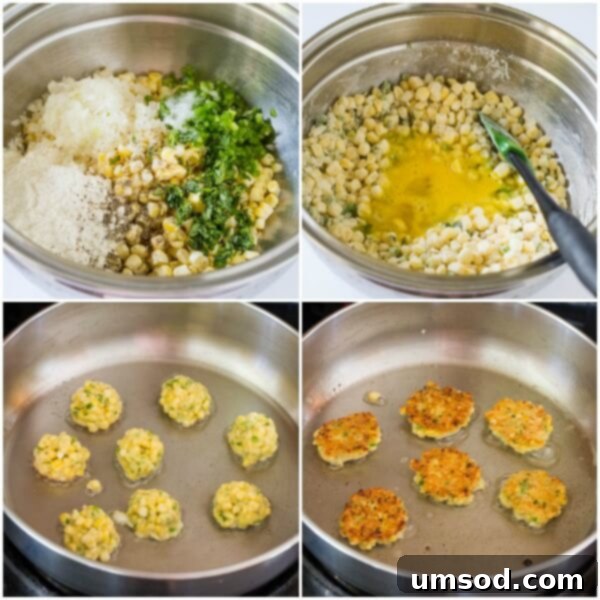 Golden Sweet Corn Bites 4 Step-by-step guide to making perfect corn fritters, showing the mixing process.