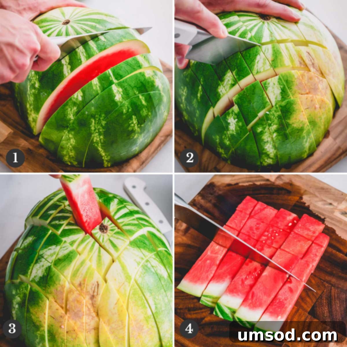 Step-by-step photos demonstrating how to properly cut a watermelon into uniform cubes.