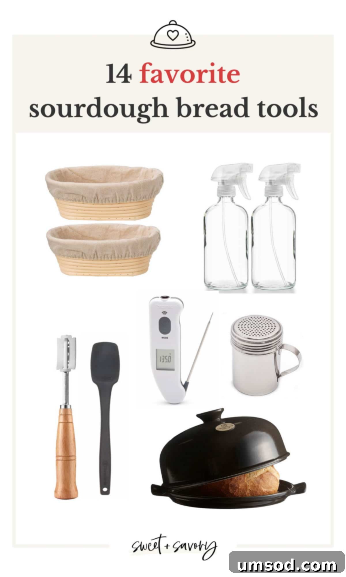 Essential Sourdough Baking Tools 2 A curated collection of essential sourdough baking tools including two banneton baskets, two sprayer bottles, a scoring lame, a silicone spatula, an instant-read thermometer, a flour shaker, and a bread cloche, laid out on a clean surface.