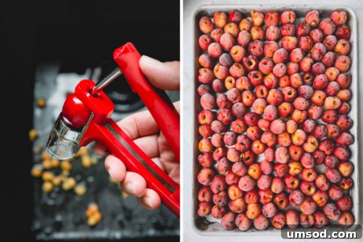 Cherry Essentials 5 Side by side image showing a cherry pitter in action and a baking sheet filled with freshly pitted frozen cherries.