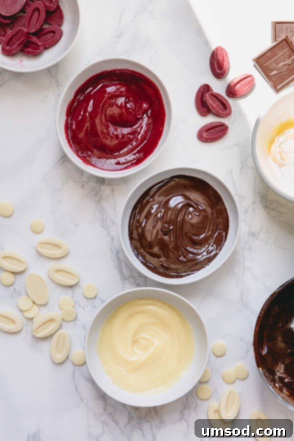 Chocolate ganache being gently stirred in a bowl.